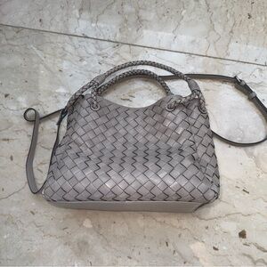 Woven Leather Tote Bag in Light Gray